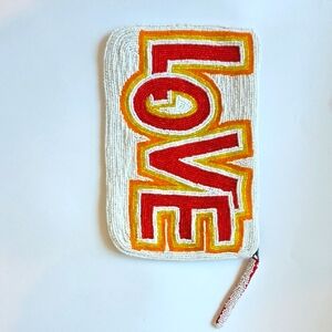 NEVER WORN Beautiful Beaded LOVE Clutch On BOTH Sides. Red Interior 9 X 6 Inches